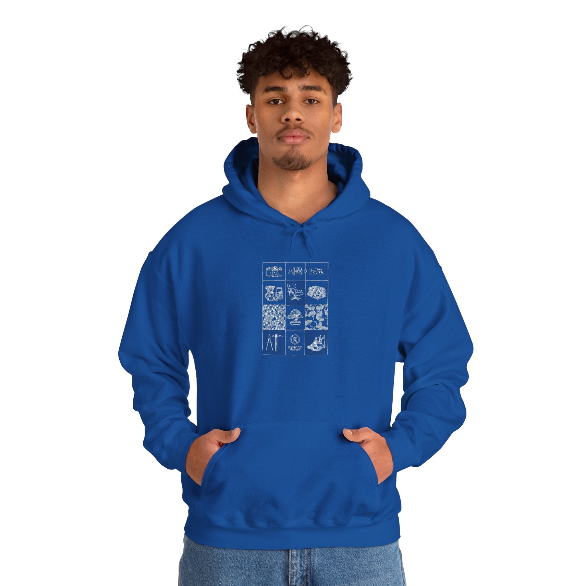 Korean Travel Icons Grid Hoodie – Seoul & Busan Blue Graphic Sweatshirt