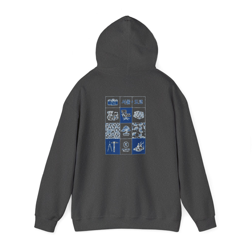 Korean Travel Icons Grid Hoodie – Seoul & Busan Blue Graphic Sweatshirt