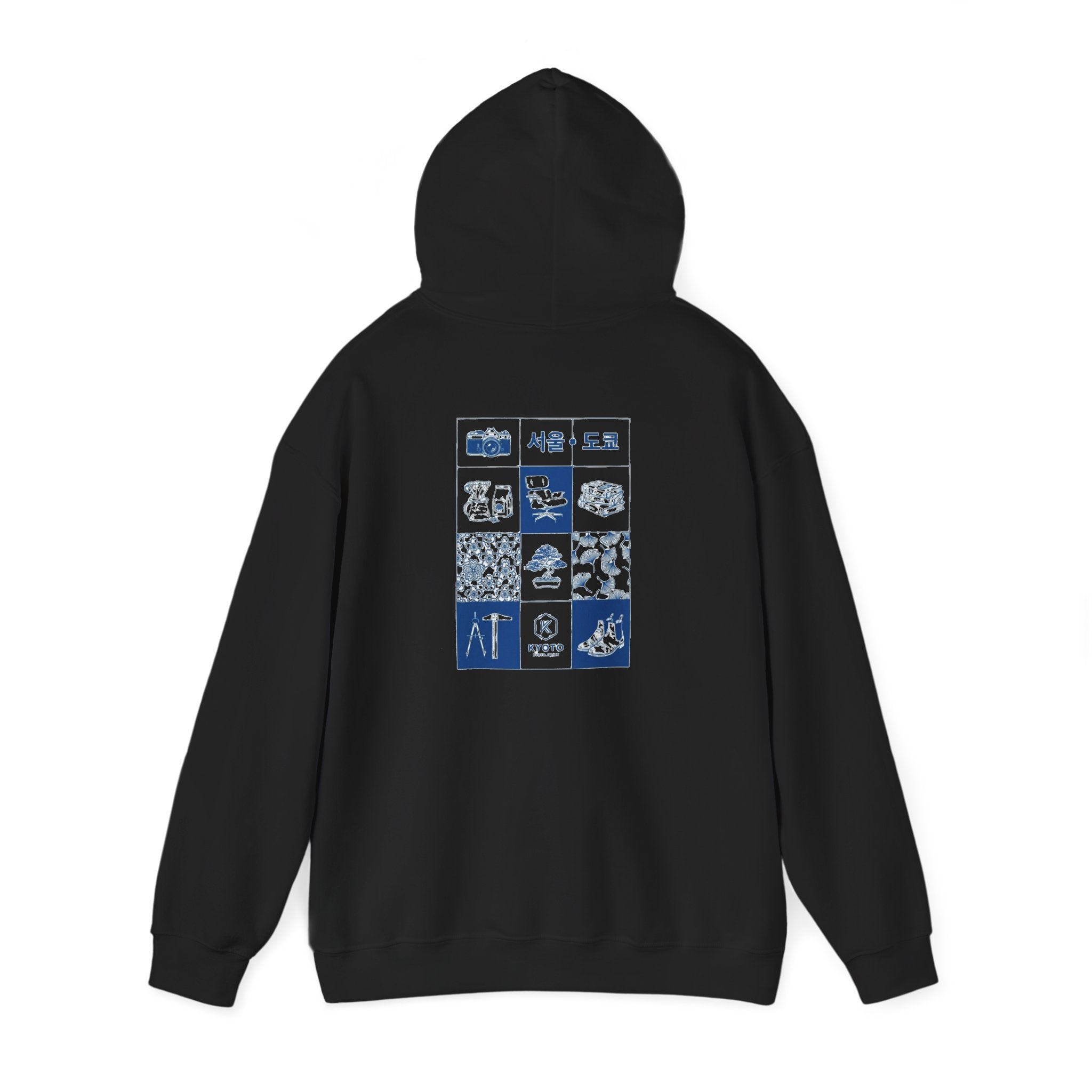 Korean Travel Icons Grid Hoodie – Seoul & Busan Blue Graphic Sweatshirt