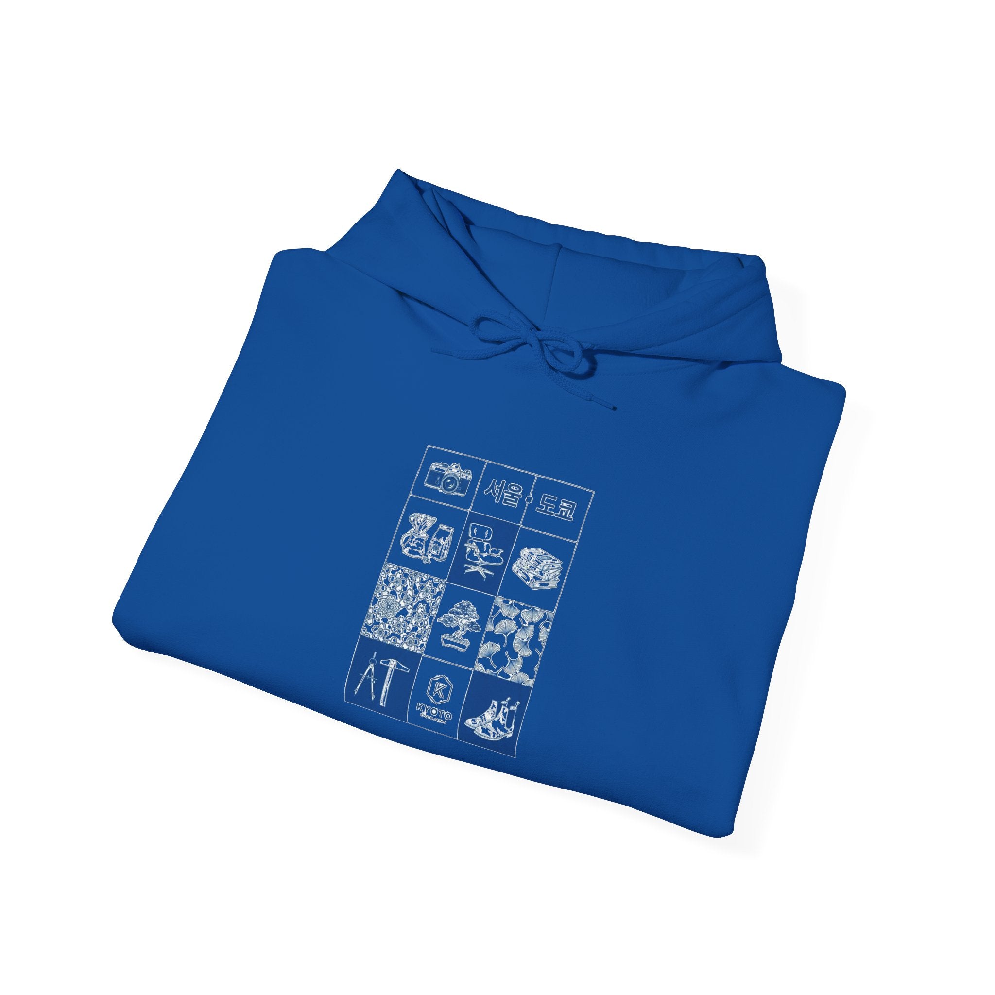 Korean Travel Icons Grid Hoodie – Seoul & Busan Blue Graphic Sweatshirt