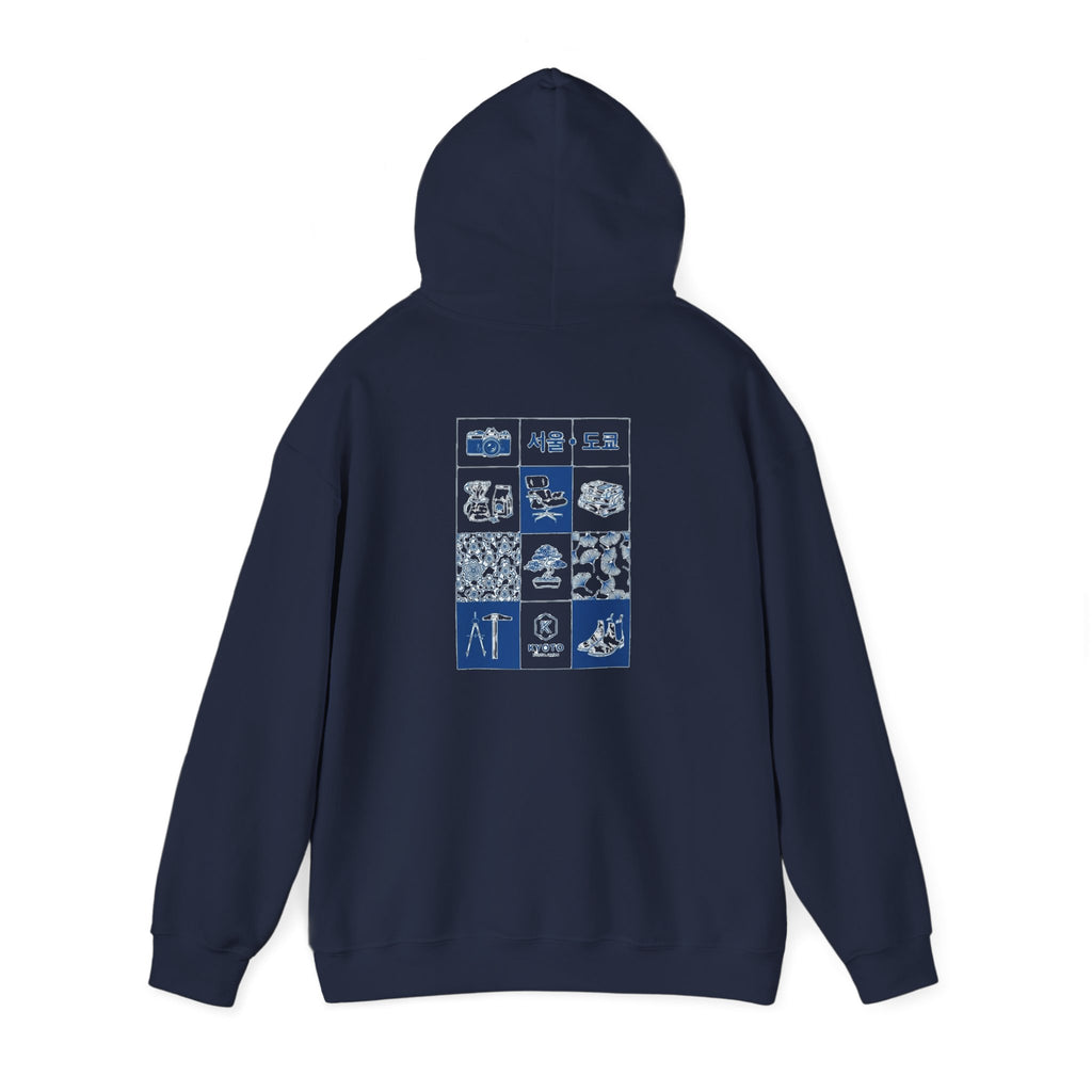 Korean Travel Icons Grid Hoodie – Seoul & Busan Blue Graphic Sweatshirt