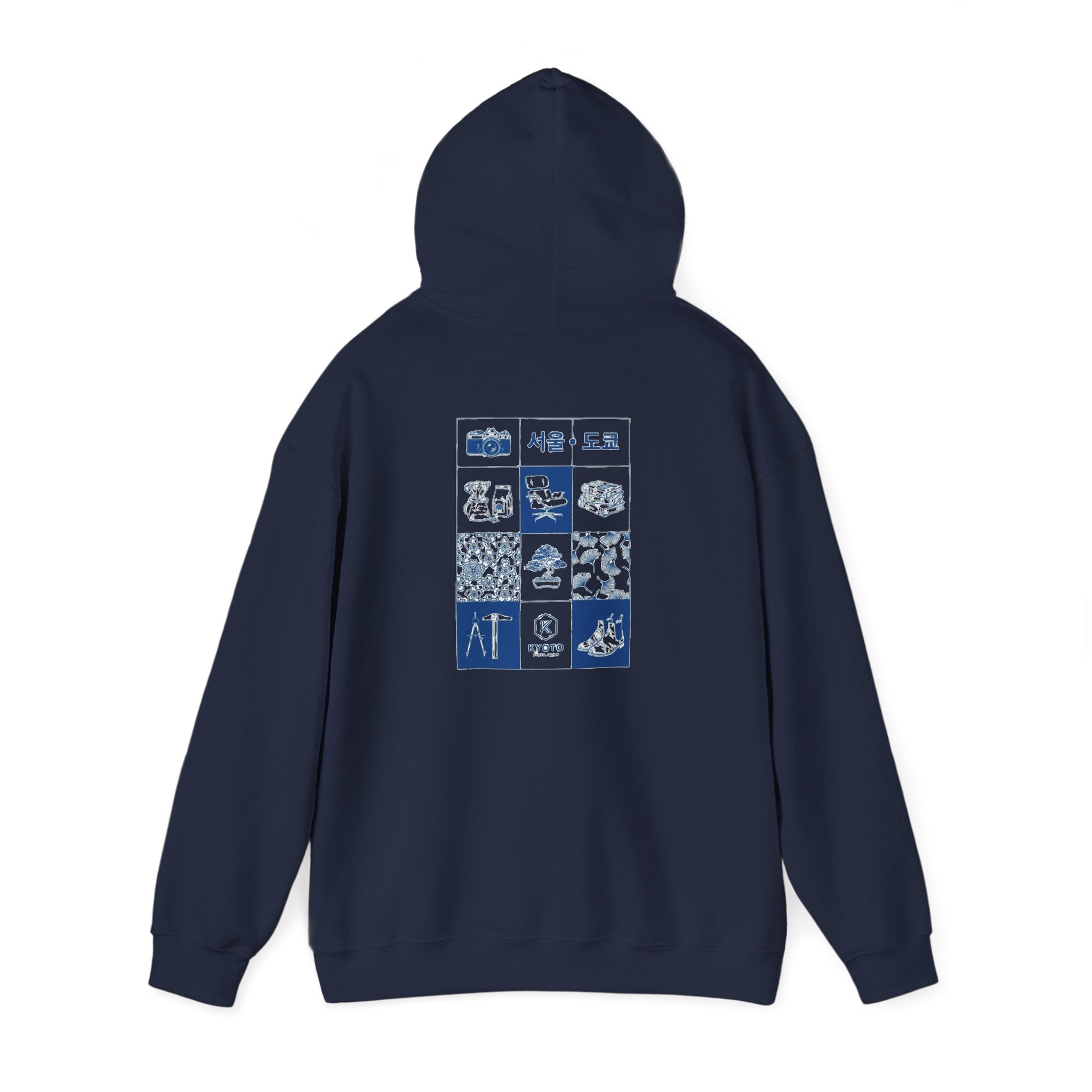 Korean Travel Icons Grid Hoodie – Seoul & Busan Blue Graphic Sweatshirt
