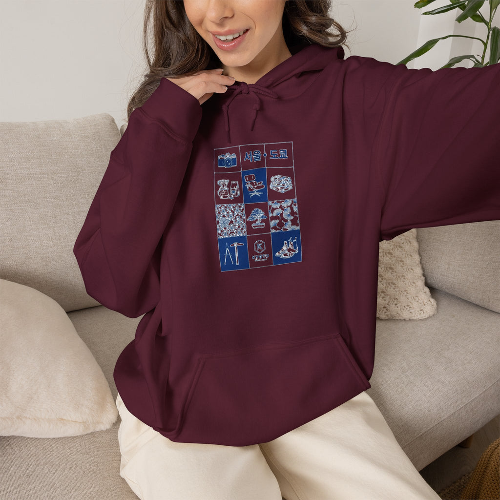 Korean Travel Icons Grid Hoodie – Seoul & Busan Blue Graphic Sweatshirt