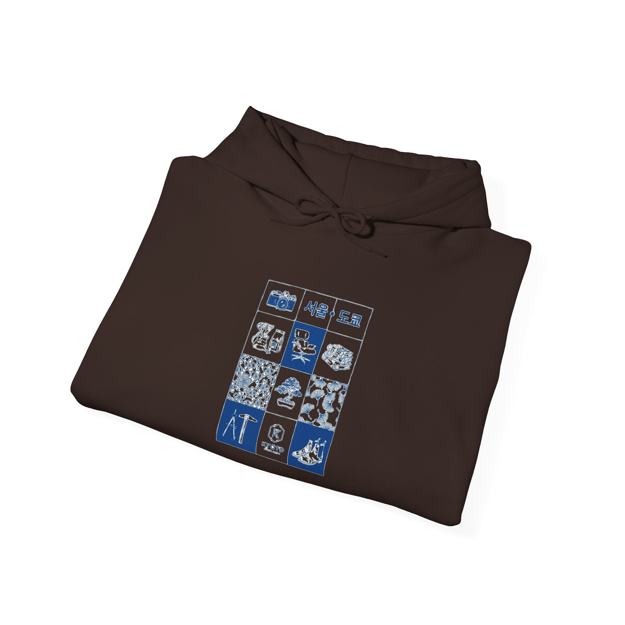 Korean Travel Icons Grid Hoodie – Seoul & Busan Blue Graphic Sweatshirt