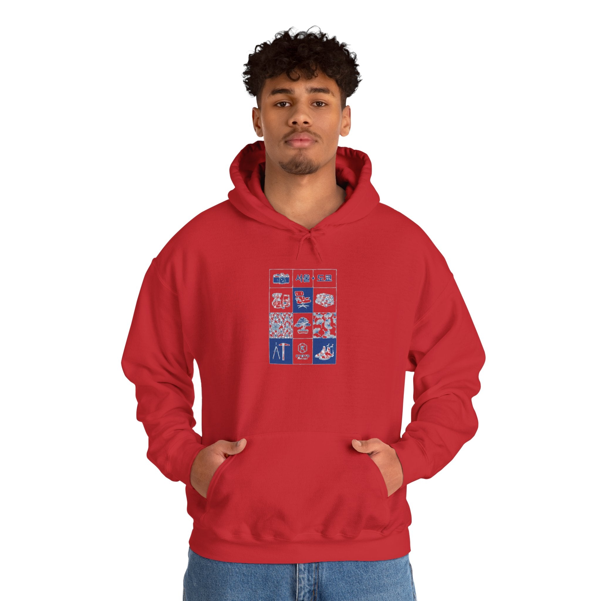 Korean Travel Icons Grid Hoodie – Seoul & Busan Blue Graphic Sweatshirt