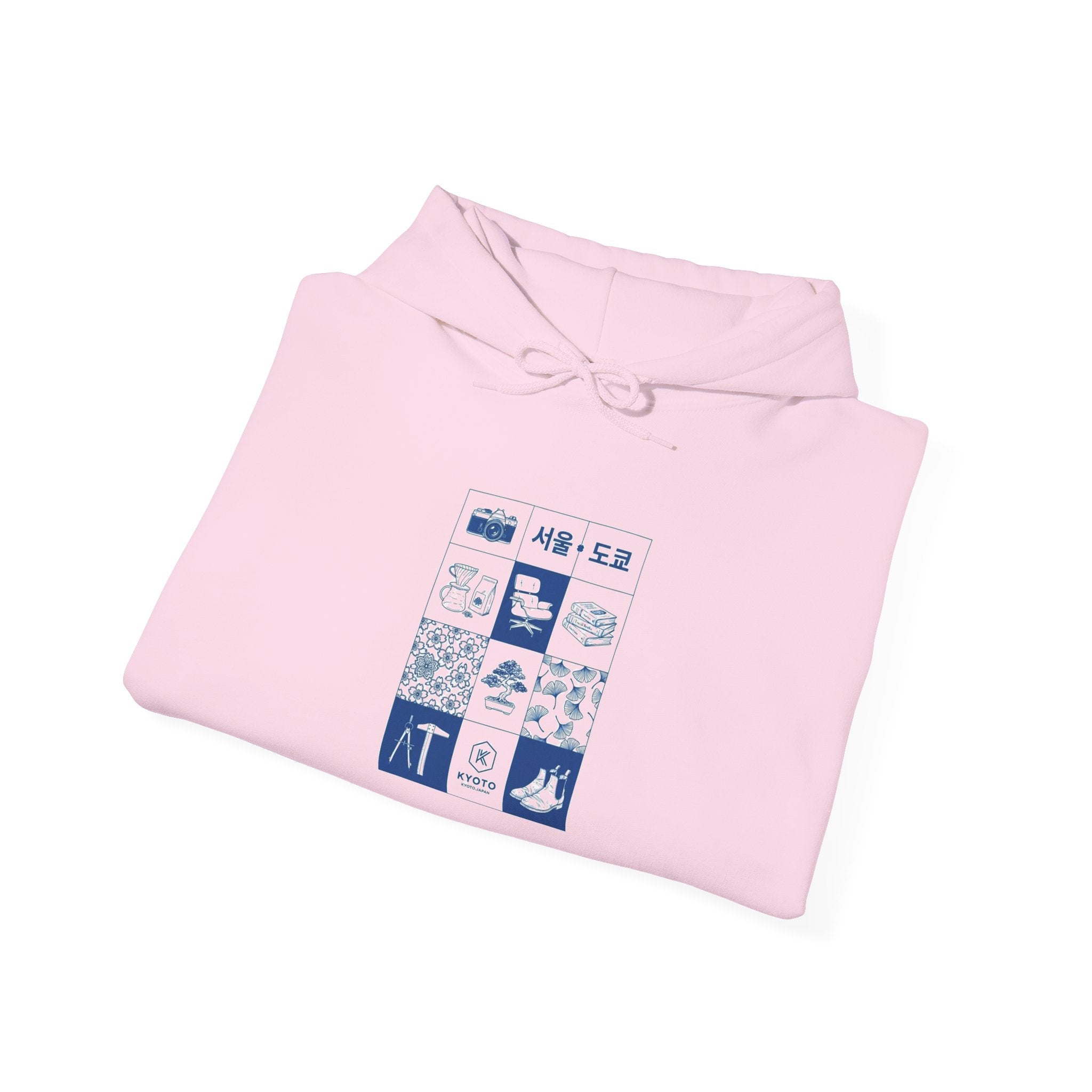Korean Travel Icons Grid Hoodie – Seoul & Busan Blue Graphic Sweatshirt