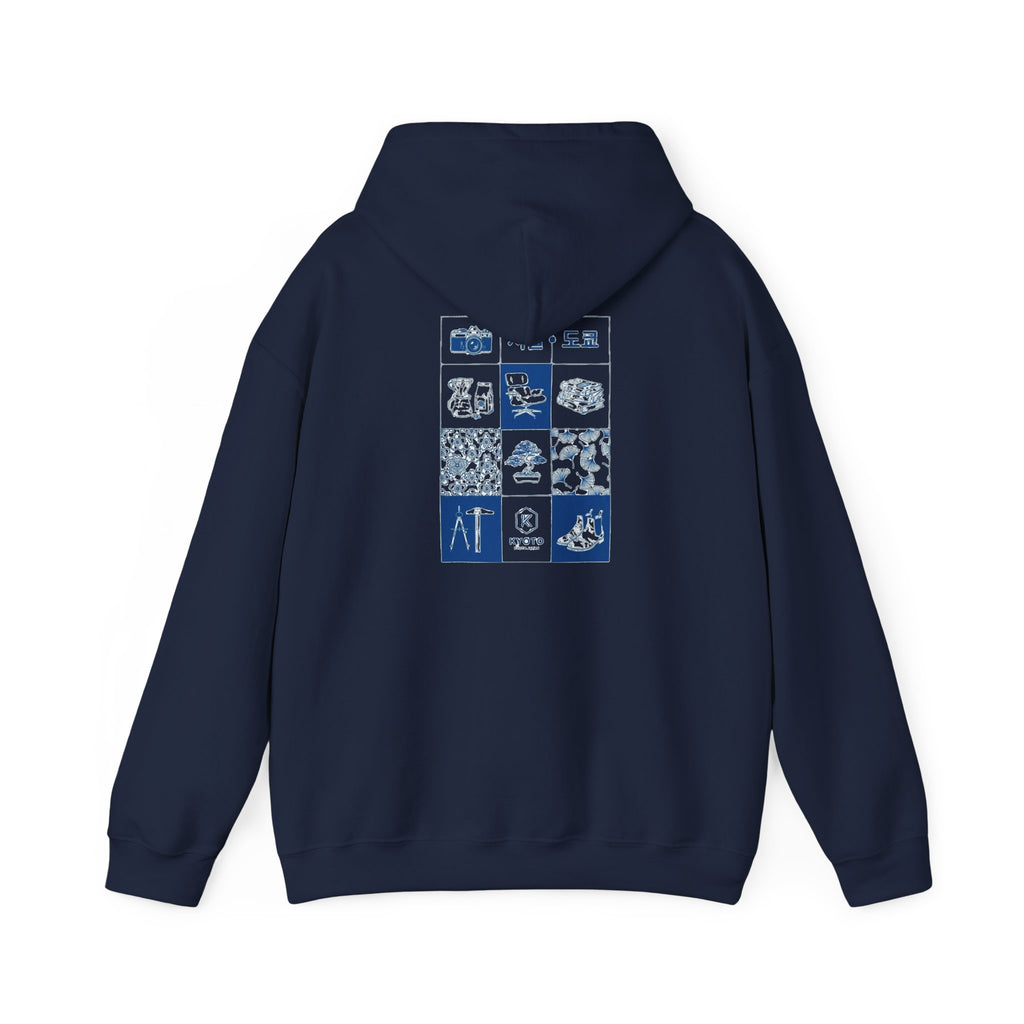 Korean Travel Icons Grid Hoodie – Seoul & Busan Blue Graphic Sweatshirt