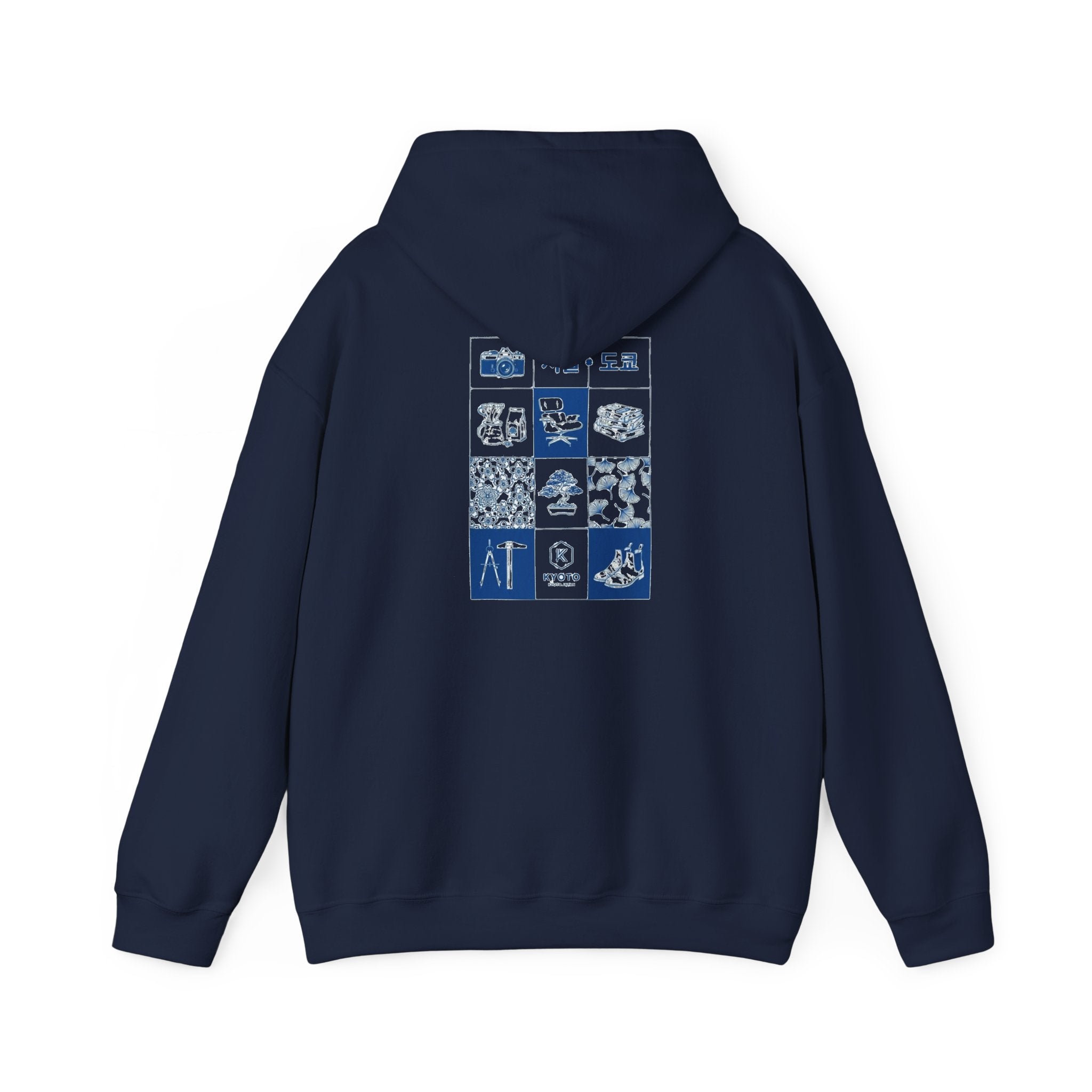 Korean Travel Icons Grid Hoodie – Seoul & Busan Blue Graphic Sweatshirt