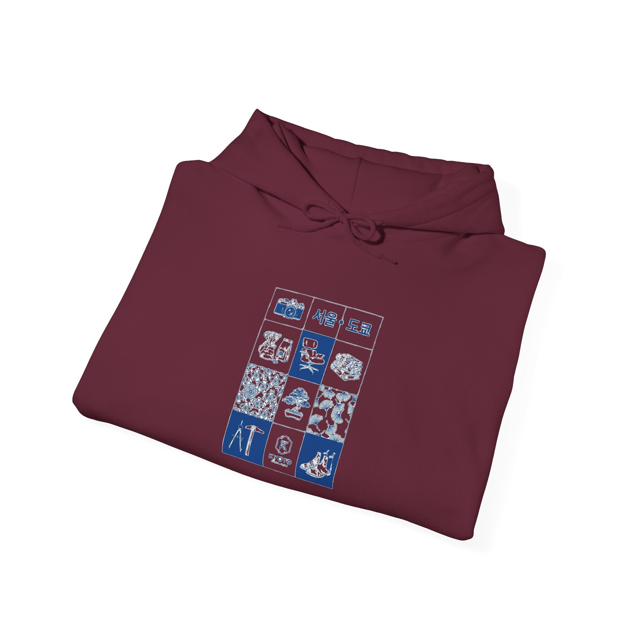 Korean Travel Icons Grid Hoodie – Seoul & Busan Blue Graphic Sweatshirt