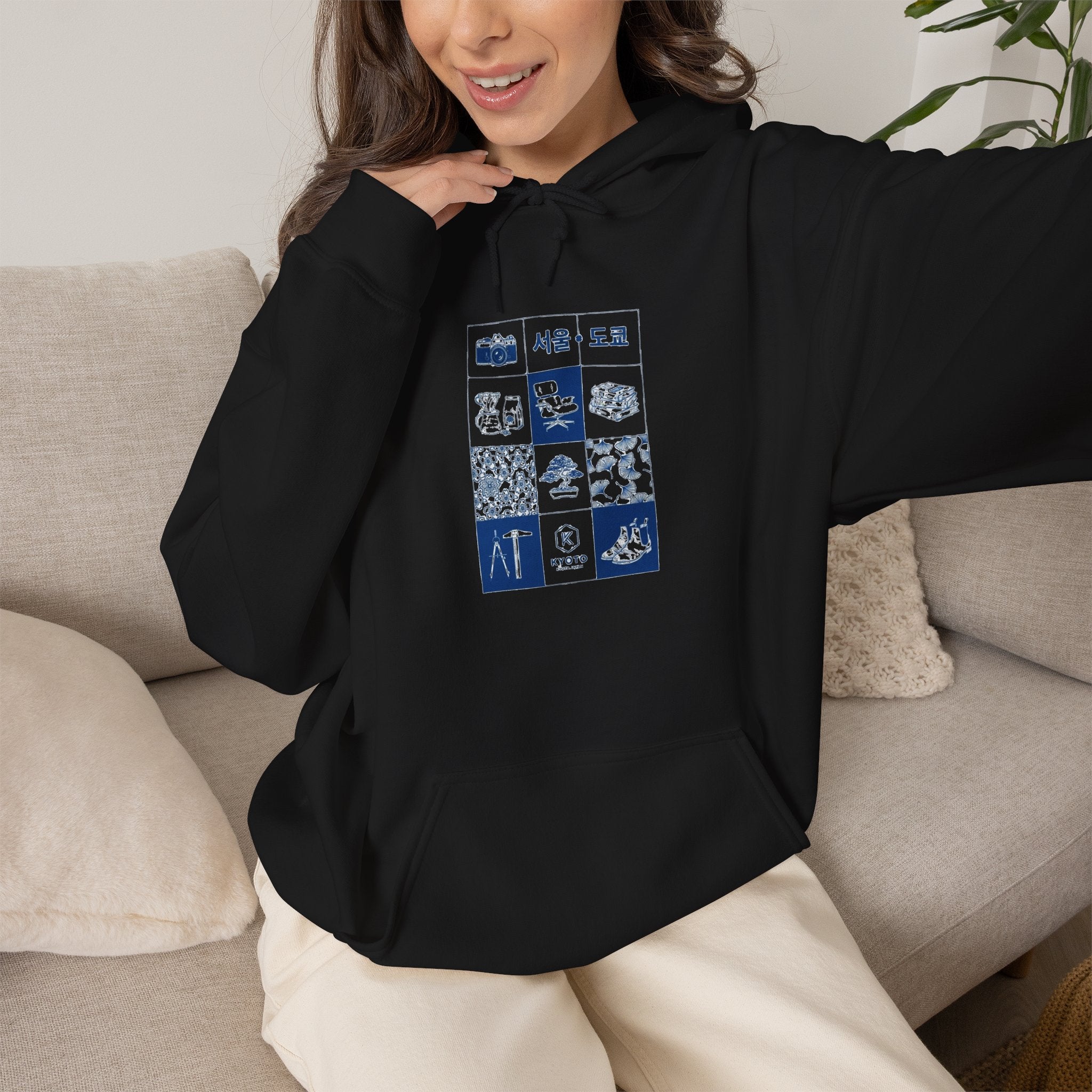 Korean Travel Icons Grid Hoodie – Seoul & Busan Blue Graphic Sweatshirt