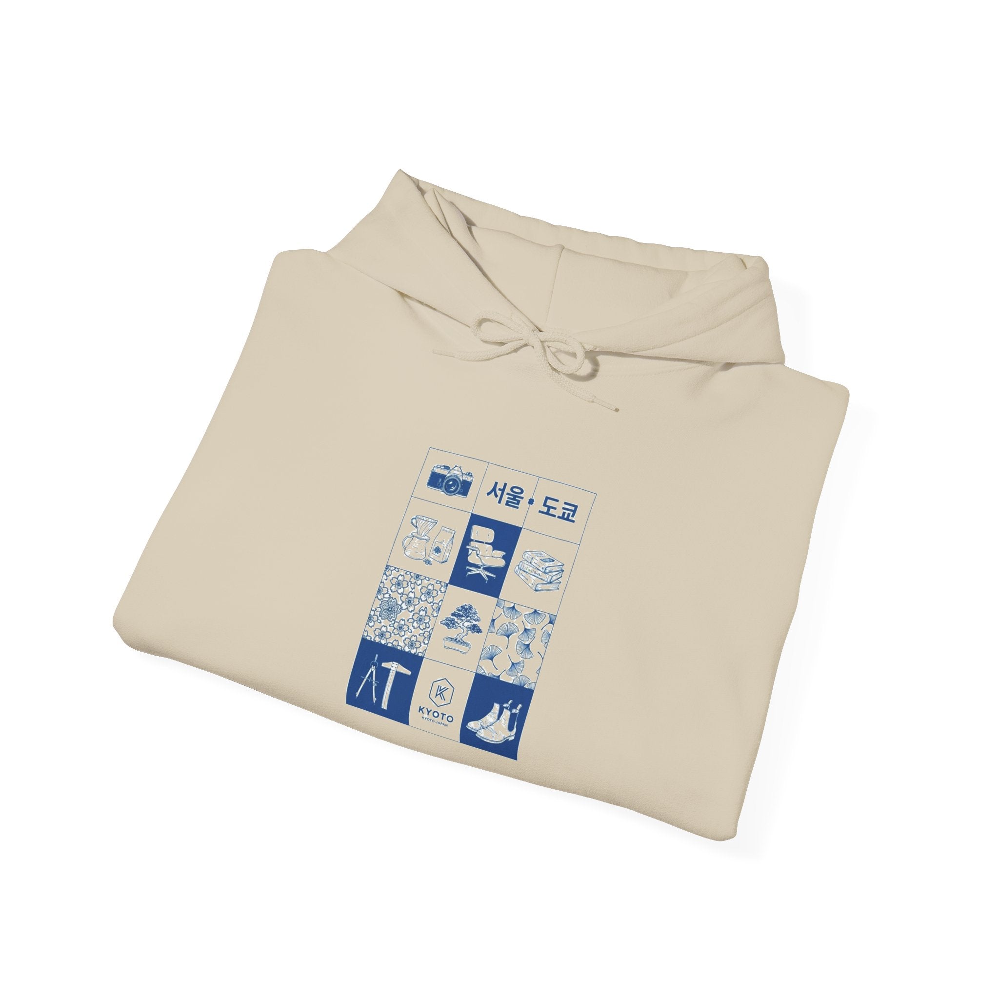 Korean Travel Icons Grid Hoodie – Seoul & Busan Blue Graphic Sweatshirt