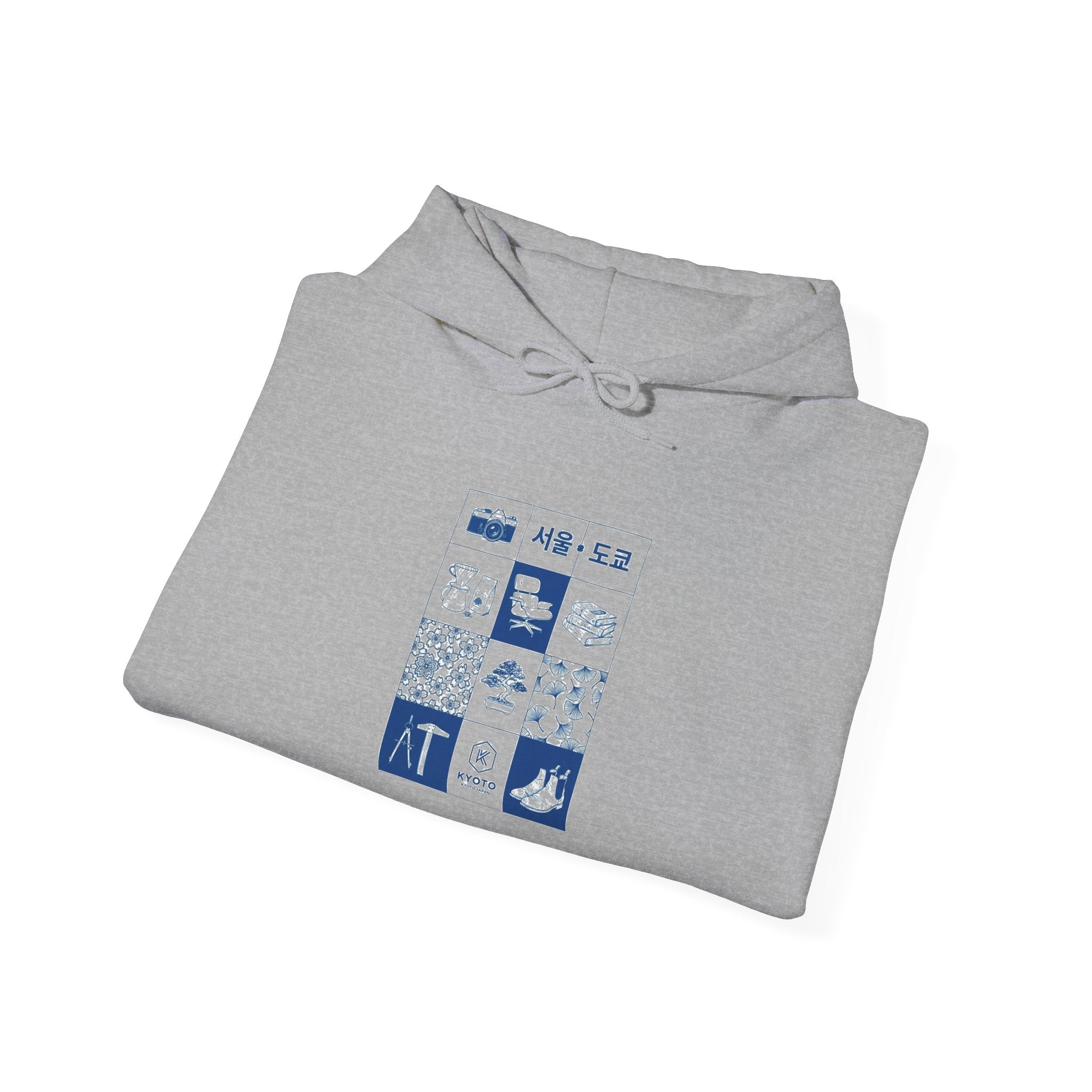 Korean Travel Icons Grid Hoodie – Seoul & Busan Blue Graphic Sweatshirt