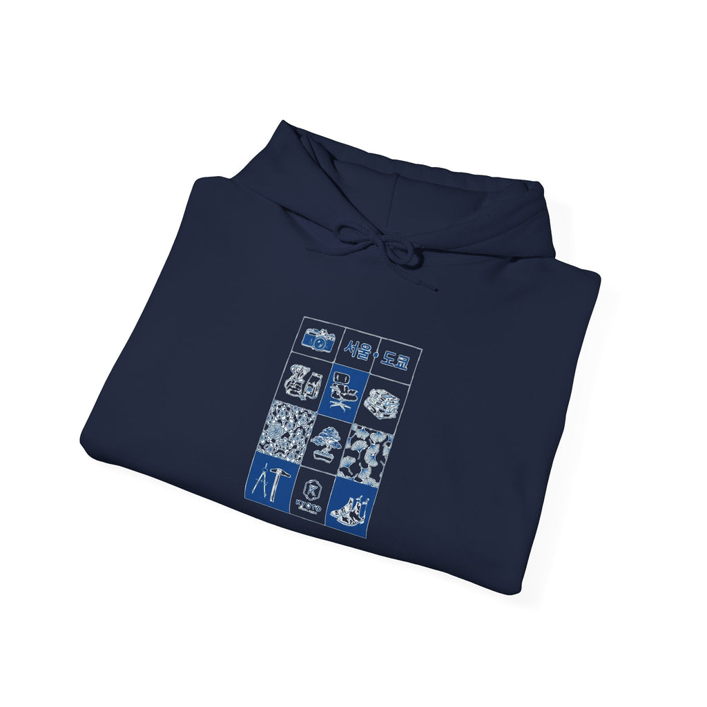Korean Travel Icons Grid Hoodie – Seoul & Busan Blue Graphic Sweatshirt