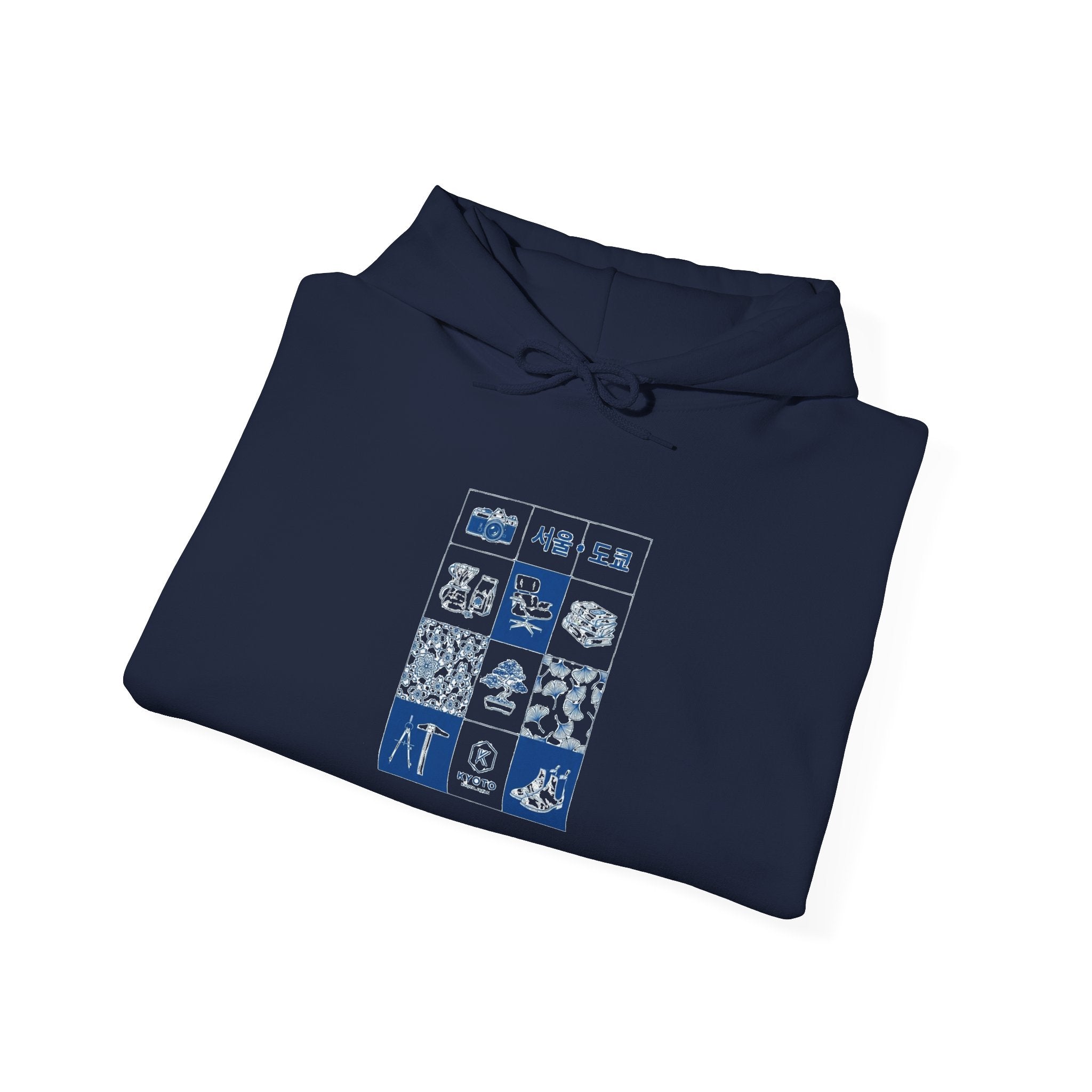 Korean Travel Icons Grid Hoodie – Seoul & Busan Blue Graphic Sweatshirt