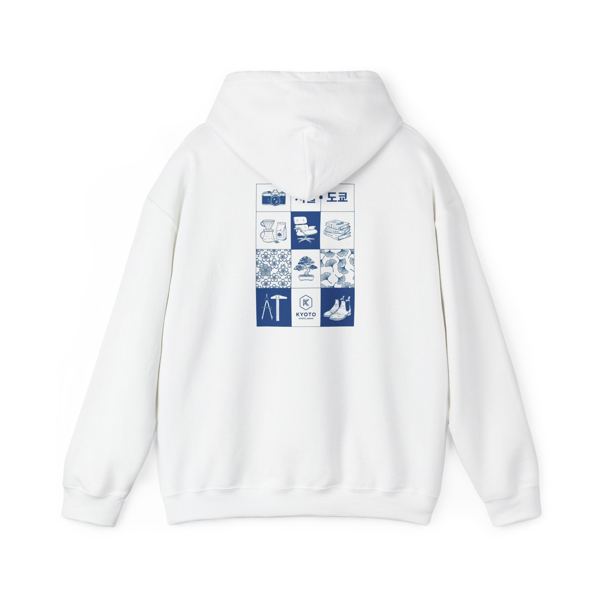 Korean Travel Icons Grid Hoodie – Seoul & Busan Blue Graphic Sweatshirt